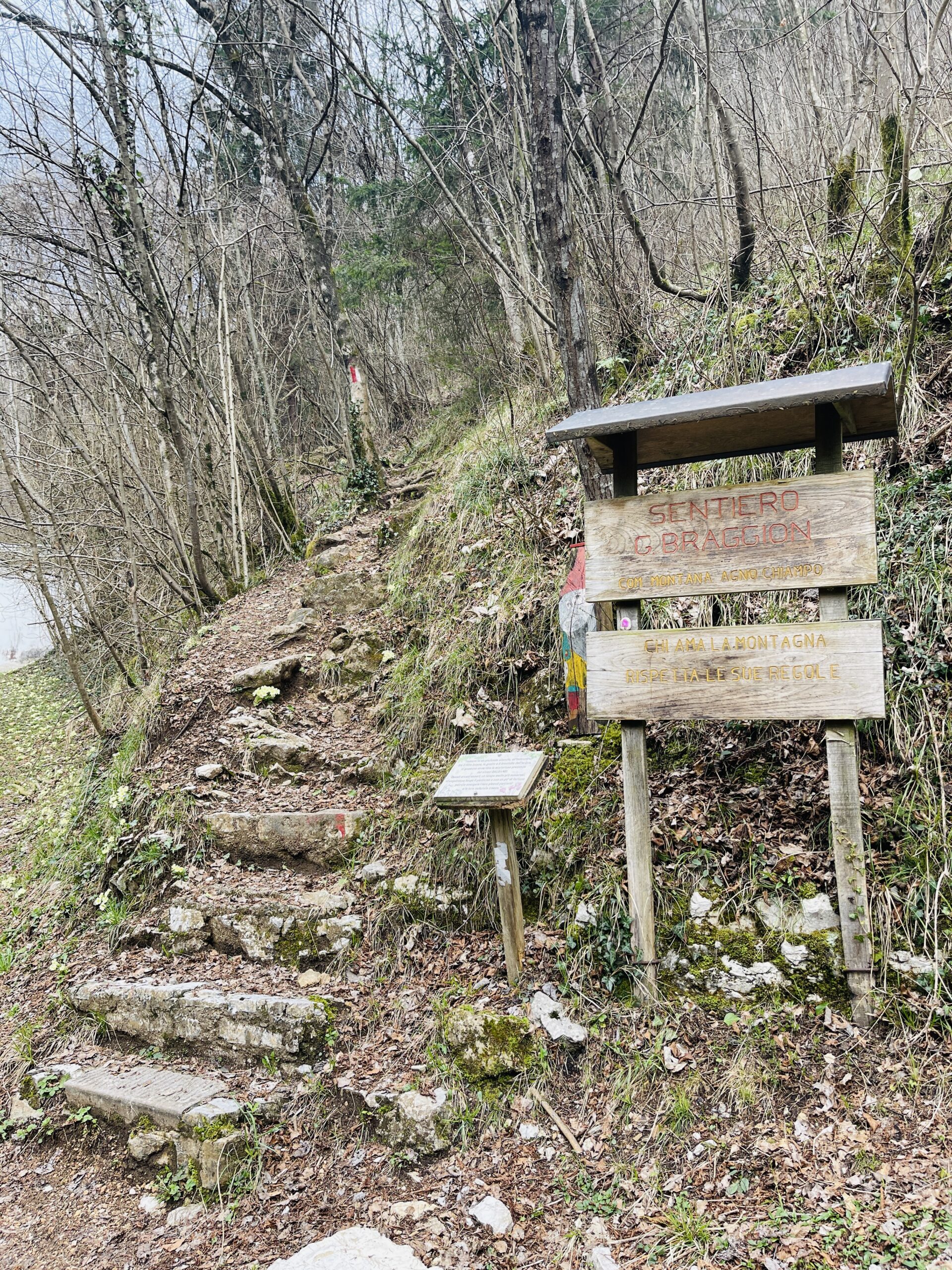 Inizio Sentiero Braggion, segnavia con cartellone